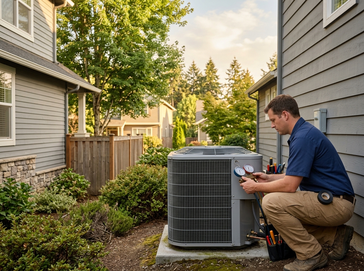Wide, aspirational lifestyle establishing shot. an HVAC technician checking the refrigerant lines on an outdoor AC condenser that is running but not cooling beside a suburban Portland home on a hot, hazy summer afternoon. Photorealistic, natural light, high detail. Absolutely no text, logos, labels, brand marks, signage, watermarks, license plates, or written words of any kind anywhere in the image. Uniforms, vans, tools, and any background objects must be completely plain and unbranded. Compose the shot with the main focal point positioned slightly to the right of center, leaving negative space on the left side of the frame.