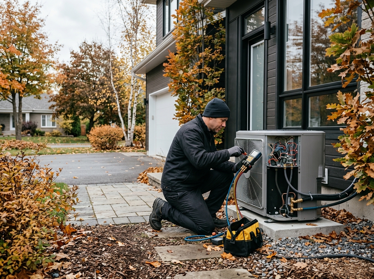 Medium environmental action shot. an HVAC technician commissioning a modern outdoor heat pump beside a contemporary suburban home on a mild overcast autumn day. Photorealistic, natural light, high detail. Absolutely no text, logos, labels, brand marks, signage, watermarks, license plates, or written words of any kind anywhere in the image. Uniforms, vans, tools, and any background objects must be completely plain and unbranded. Compose the shot with the main focal point positioned slightly to the right of center, leaving negative space on the left side of the frame.