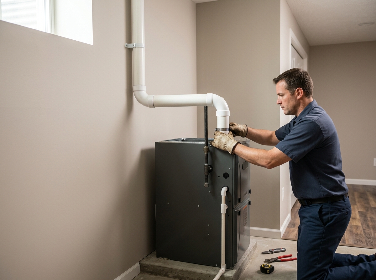 Medium environmental action shot. an HVAC technician connecting venting on a newly installed high-efficiency gas furnace in a clean finished basement. Photorealistic, natural light, high detail. Absolutely no text, logos, labels, brand marks, signage, watermarks, license plates, or written words of any kind anywhere in the image. Uniforms, vans, tools, and any background objects must be completely plain and unbranded. Compose the shot with the main focal point positioned slightly to the right of center, leaving negative space on the left side of the frame.