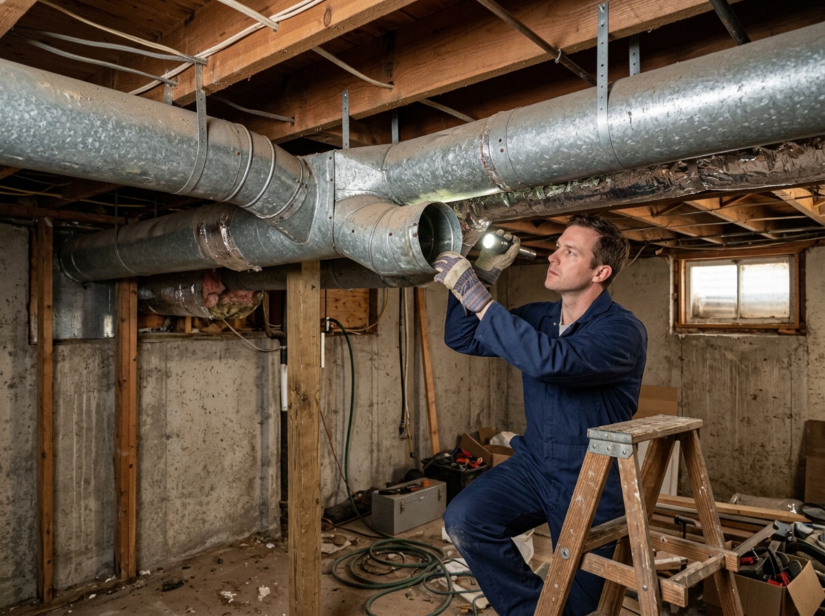 Medium environmental action shot. an HVAC technician inspecting galvanized sheet-metal ductwork running overhead in an unfinished basement. Photorealistic, natural light, high detail. Absolutely no text, logos, labels, brand marks, signage, watermarks, license plates, or written words of any kind anywhere in the image. Uniforms, vans, tools, and any background objects must be completely plain and unbranded. Compose the shot with the main focal point positioned slightly to the right of center, leaving negative space on the left side of the frame.
