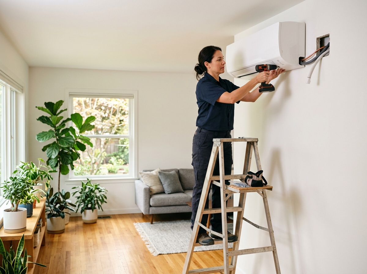 Medium environmental action shot. an HVAC technician mounting a sleek white ductless mini-split head high on the wall in a sunlit modern living room with houseplants. Photorealistic, natural light, high detail. Absolutely no text, logos, labels, brand marks, signage, watermarks, license plates, or written words of any kind anywhere in the image. Uniforms, vans, tools, and any background objects must be completely plain and unbranded. Compose the shot with the main focal point positioned slightly to the right of center, leaving negative space on the left side of the frame.