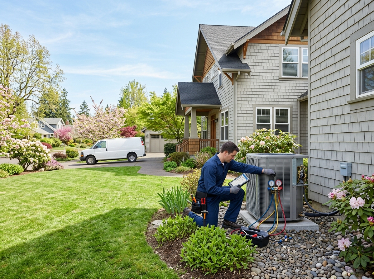 Wide, aspirational lifestyle establishing shot. an HVAC technician performing a seasonal tune-up on an outdoor AC unit while holding a tablet checklist beside a suburban Portland home on a clear spring day. Photorealistic, natural light, high detail. Absolutely no text, logos, labels, brand marks, signage, watermarks, license plates, or written words of any kind anywhere in the image. Uniforms, vans, tools, and any background objects must be completely plain and unbranded. Compose the shot with the main focal point positioned slightly to the right of center, leaving negative space on the left side of the frame.