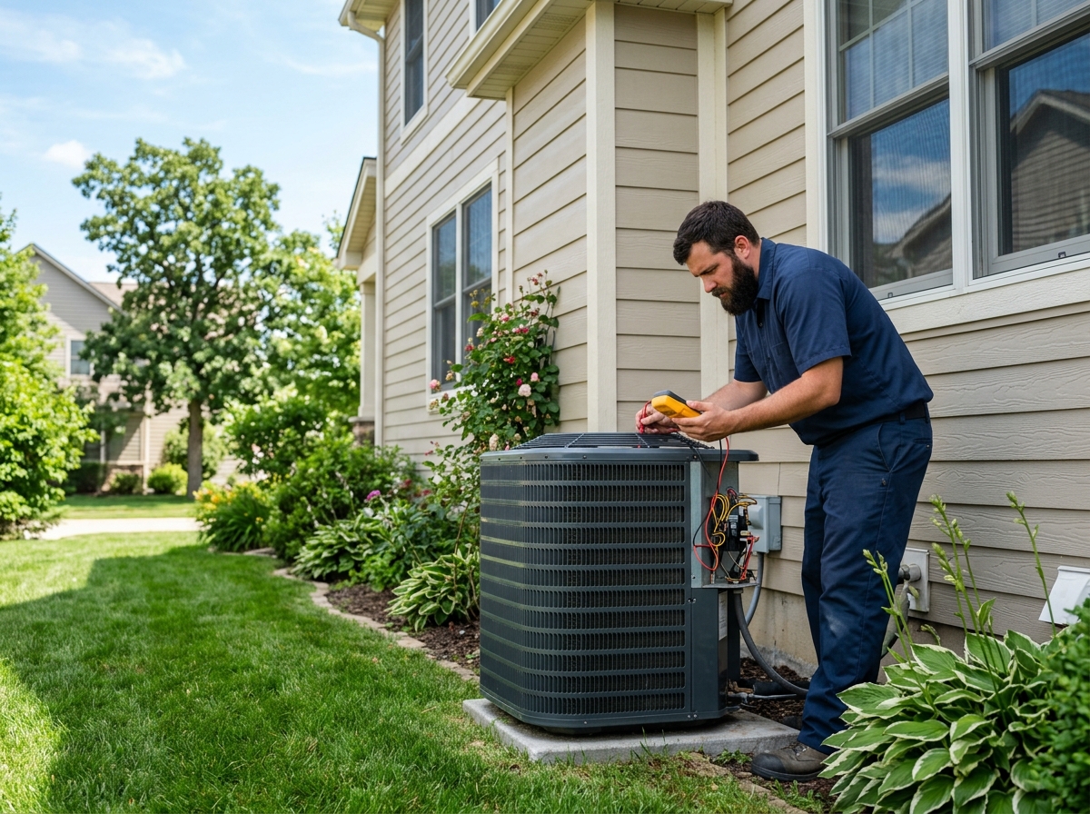 Medium environmental action shot. an HVAC technician probing an outdoor AC condenser's wiring with a multimeter beside a suburban house on a sunny day. Photorealistic, natural light, high detail. Absolutely no text, logos, labels, brand marks, signage, watermarks, license plates, or written words of any kind anywhere in the image. Uniforms, vans, tools, and any background objects must be completely plain and unbranded. Compose the shot with the main focal point positioned slightly to the right of center, leaving negative space on the left side of the frame.
