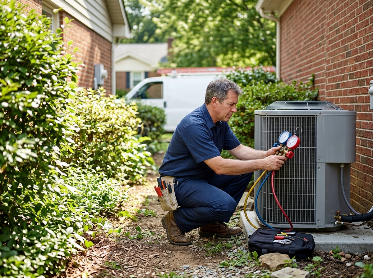 Medium environmental action shot. an HVAC technician reading refrigerant gauges connected to an outdoor AC condenser beside a suburban home on a clear summer day. Photorealistic, natural light, high detail. Absolutely no text, logos, labels, brand marks, signage, watermarks, license plates, or written words of any kind anywhere in the image. Uniforms, vans, tools, and any background objects must be completely plain and unbranded. Compose the shot with the main focal point positioned slightly to the right of center, leaving negative space on the left side of the frame.