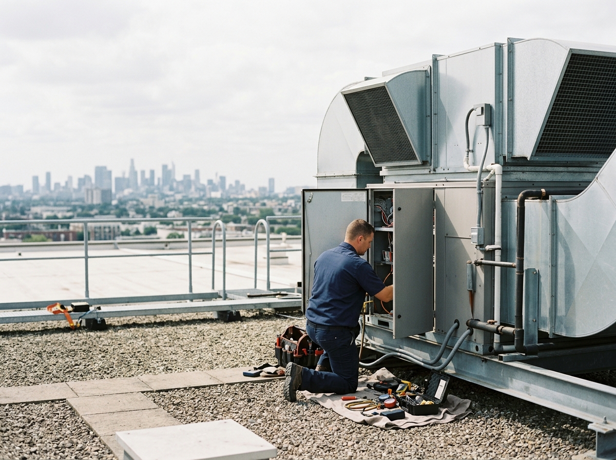 Medium environmental action shot. an HVAC technician servicing a large rooftop commercial HVAC unit on a flat commercial building rooftop with a hazy city skyline beyond. Photorealistic, natural light, high detail. Absolutely no text, logos, labels, brand marks, signage, watermarks, license plates, or written words of any kind anywhere in the image. Uniforms, vans, tools, and any background objects must be completely plain and unbranded. Compose the shot with the main focal point positioned slightly to the right of center, leaving negative space on the left side of the frame.