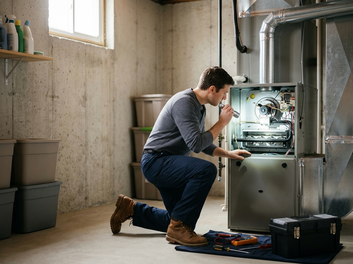 Wide, aspirational lifestyle establishing shot. an HVAC technician shining a flashlight into an open gas furnace to diagnose why it won't ignite in a tidy home basement utility room on a cold winter day. Photorealistic, natural light, high detail. Absolutely no text, logos, labels, brand marks, signage, watermarks, license plates, or written words of any kind anywhere in the image. Uniforms, vans, tools, and any background objects must be completely plain and unbranded. Compose the shot with the main focal point positioned slightly to the right of center, leaving negative space on the left side of the frame.