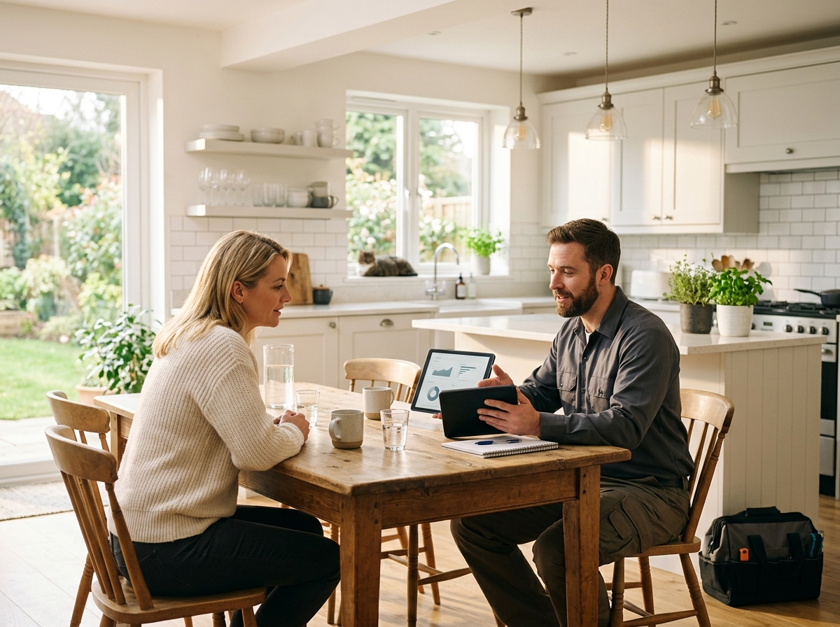 Wide, aspirational lifestyle establishing shot. an HVAC technician sitting at a kitchen table walking a homeowner through financing options on a tablet in a bright modern kitchen with warm morning light. Photorealistic, natural light, high detail. Absolutely no text, logos, labels, brand marks, signage, watermarks, license plates, or written words of any kind anywhere in the image. Uniforms, vans, tools, and any background objects must be completely plain and unbranded. Compose the shot with the main focal point positioned slightly to the right of center, leaving negative space on the left side of the frame.