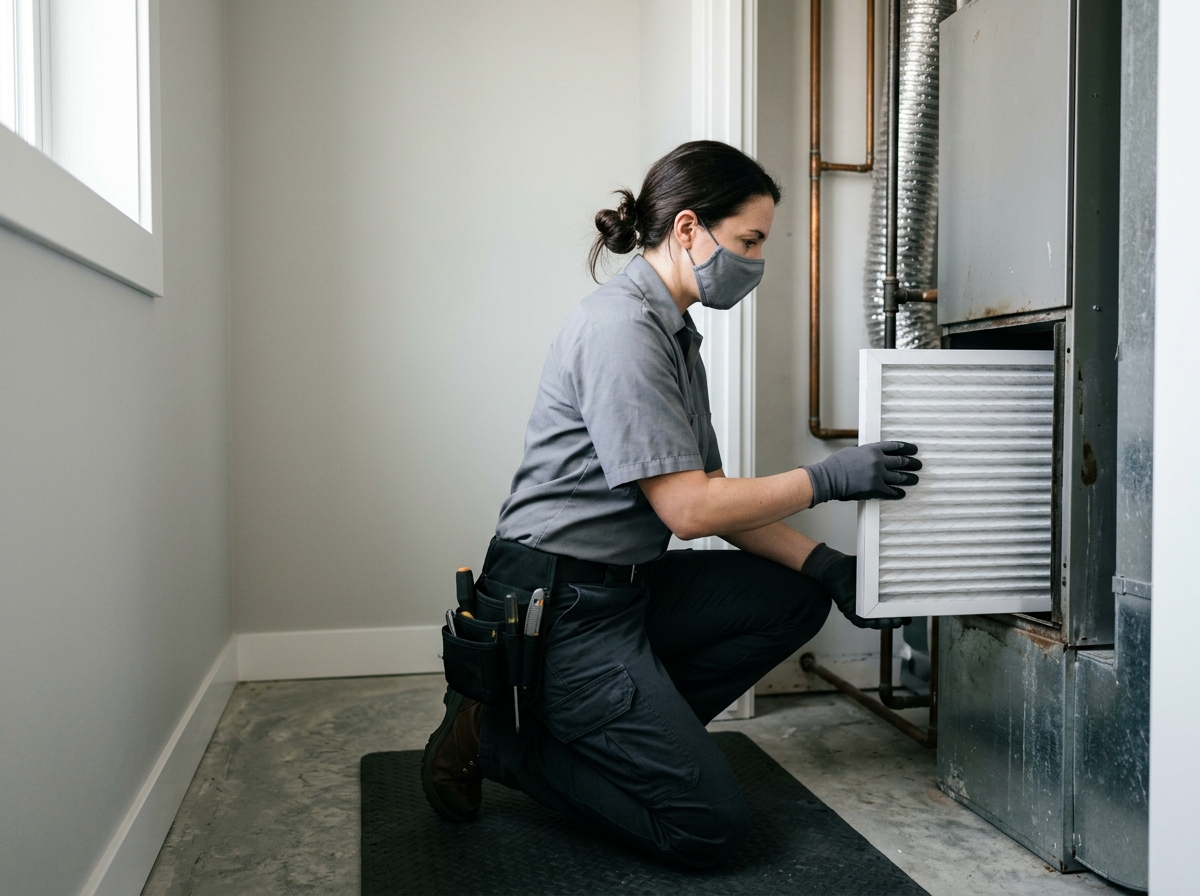 Medium environmental action shot. an HVAC technician sliding a fresh white pleated air filter into a furnace return in a clean modern home. Photorealistic, natural light, high detail. Absolutely no text, logos, labels, brand marks, signage, watermarks, license plates, or written words of any kind anywhere in the image. Uniforms, vans, tools, and any background objects must be completely plain and unbranded. Compose the shot with the main focal point positioned slightly to the right of center, leaving negative space on the left side of the frame.