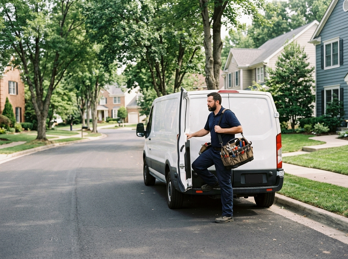 Medium environmental action shot. an HVAC technician stepping out of a plain unmarked white service van with a tool bag, ready for a house call on a leafy suburban residential street lined with homes. Photorealistic, natural light, high detail. Absolutely no text, logos, labels, brand marks, signage, watermarks, license plates, or written words of any kind anywhere in the image. Uniforms, vans, tools, and any background objects must be completely plain and unbranded. Compose the shot with the main focal point positioned slightly to the right of center, leaving negative space on the left side of the frame.