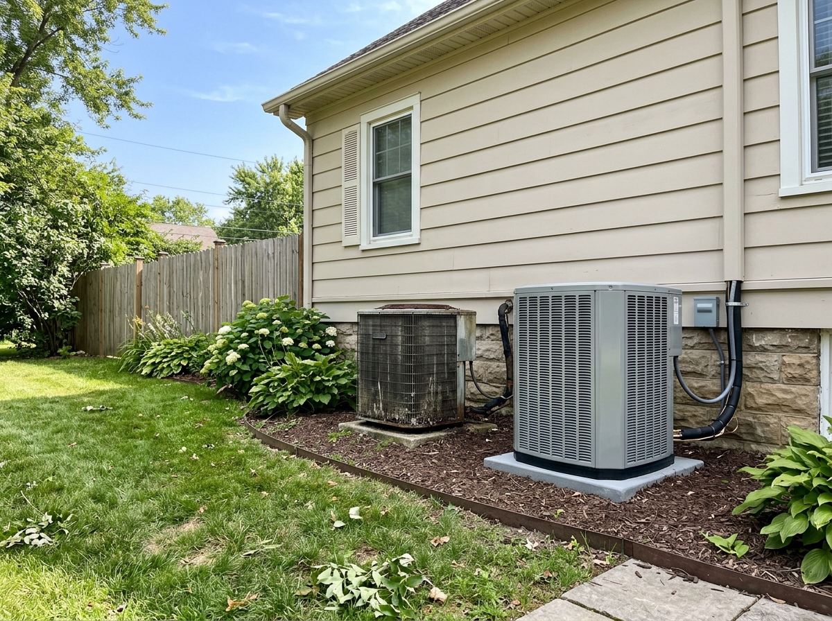 Wide, aspirational lifestyle establishing shot. an old weathered outdoor AC condenser and a brand-new high-efficiency AC unit sitting side by side for comparison in a suburban side yard on a clear day. Photorealistic, natural light, high detail. Absolutely no text, logos, labels, brand marks, signage, watermarks, license plates, or written words of any kind anywhere in the image. Uniforms, vans, tools, and any background objects must be completely plain and unbranded. Compose the shot with the main focal point positioned slightly to the right of center, leaving negative space on the left side of the frame.