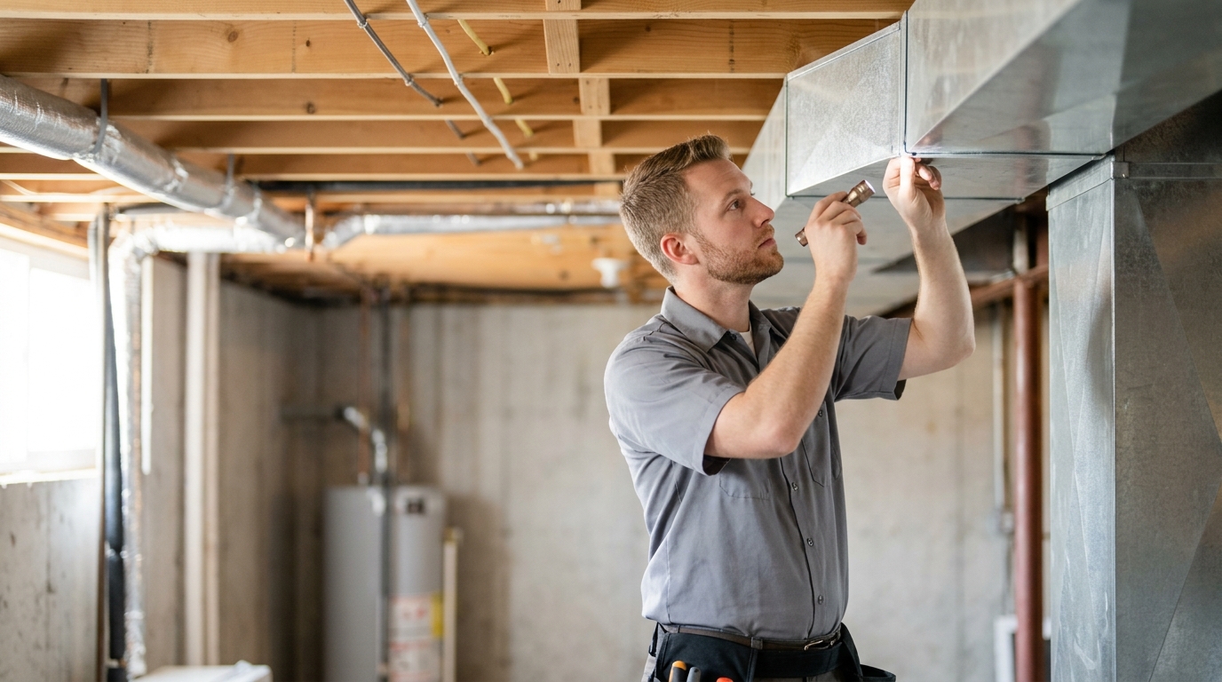 High-end commercial stock photography of a hvac technician inspecting sheet-metal ductwork overhead in an unfinished basement utility room. Bright, natural daylight, soft diffused lighting. Modern, clean aesthetic. The subject is wearing a clean plain uniform with no logos. Shot on a DSLR, 50mm lens, shallow depth of field with the background slightly blurred. High resolution, photorealistic, optimistic, professional and trustworthy vibe. Absolutely no text, logos, labels, brand marks, signage, watermarks, license plates, or written words of any kind anywhere in the image. Uniforms, vans, tools, and any background objects must be completely plain and unbranded. Compose the shot with the main focal point positioned slightly to the right of center, leaving negative space on the left side of the frame.