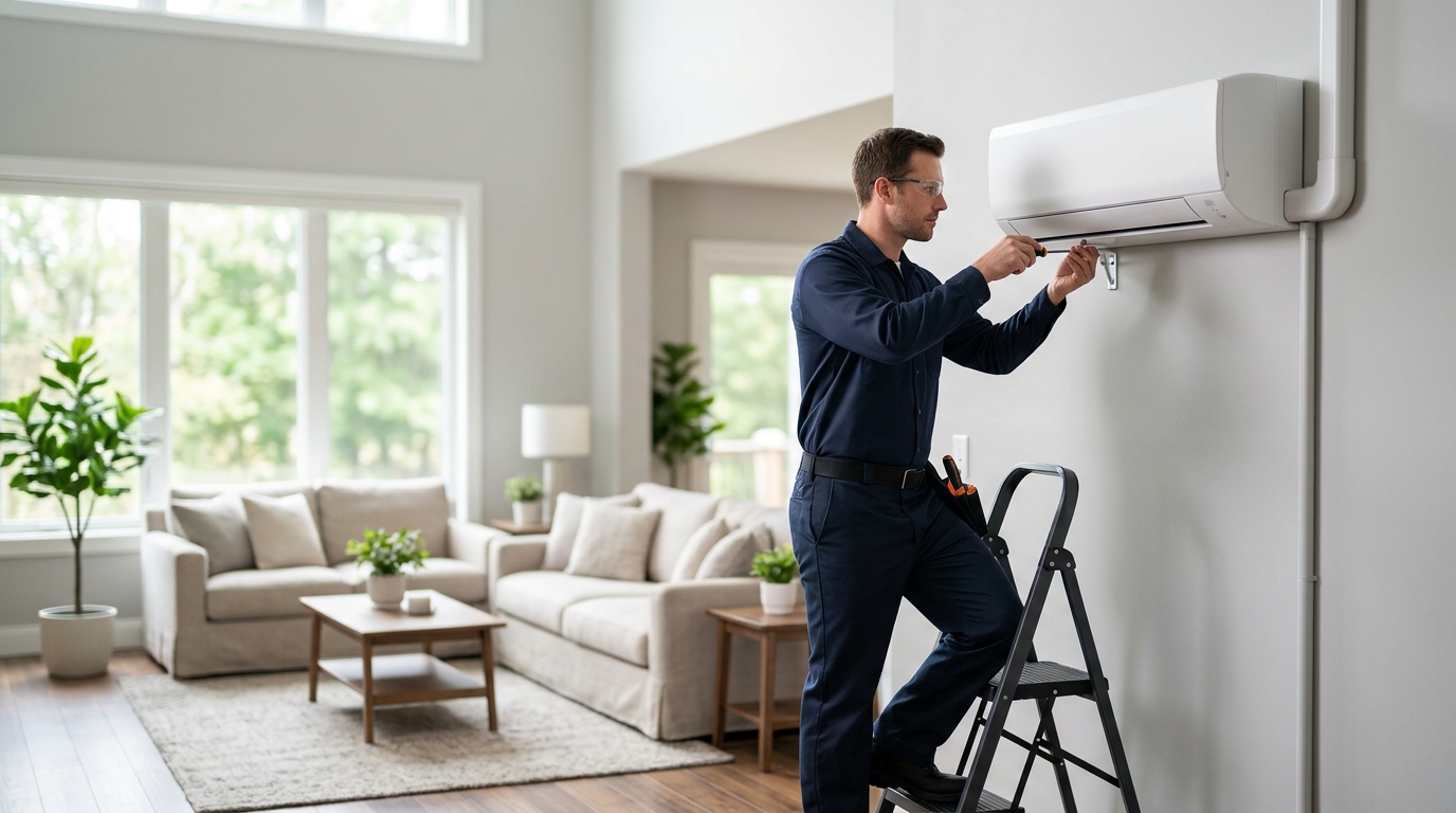High-end commercial stock photography of a hvac technician installing a ductless mini-split head high on a wall in a spacious living room with natural light. Bright, natural daylight, soft diffused lighting. Modern, clean aesthetic. The subject is wearing a clean plain uniform with no logos. Shot on a DSLR, 50mm lens, shallow depth of field with the background slightly blurred. High resolution, photorealistic, optimistic, professional and trustworthy vibe. Absolutely no text, logos, labels, brand marks, signage, watermarks, license plates, or written words of any kind anywhere in the image. Uniforms, vans, tools, and any background objects must be completely plain and unbranded. Compose the shot with the main focal point positioned slightly to the right of center, leaving negative space on the left side of the frame.