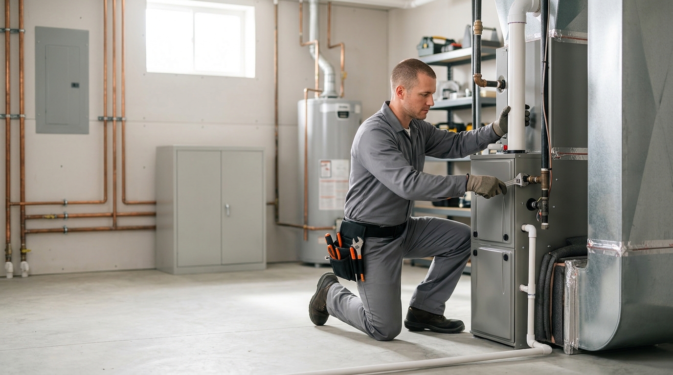High-end commercial stock photography of a hvac technician installing a high-efficiency gas furnace in a basement utility room. Bright, natural daylight, soft diffused lighting. Modern, clean aesthetic. The subject is wearing a clean plain uniform with no logos. Shot on a DSLR, 50mm lens, shallow depth of field with the background slightly blurred. High resolution, photorealistic, optimistic, professional and trustworthy vibe. Absolutely no text, logos, labels, brand marks, signage, watermarks, license plates, or written words of any kind anywhere in the image. Uniforms, vans, tools, and any background objects must be completely plain and unbranded. Compose the shot with the main focal point positioned slightly to the right of center, leaving negative space on the left side of the frame.