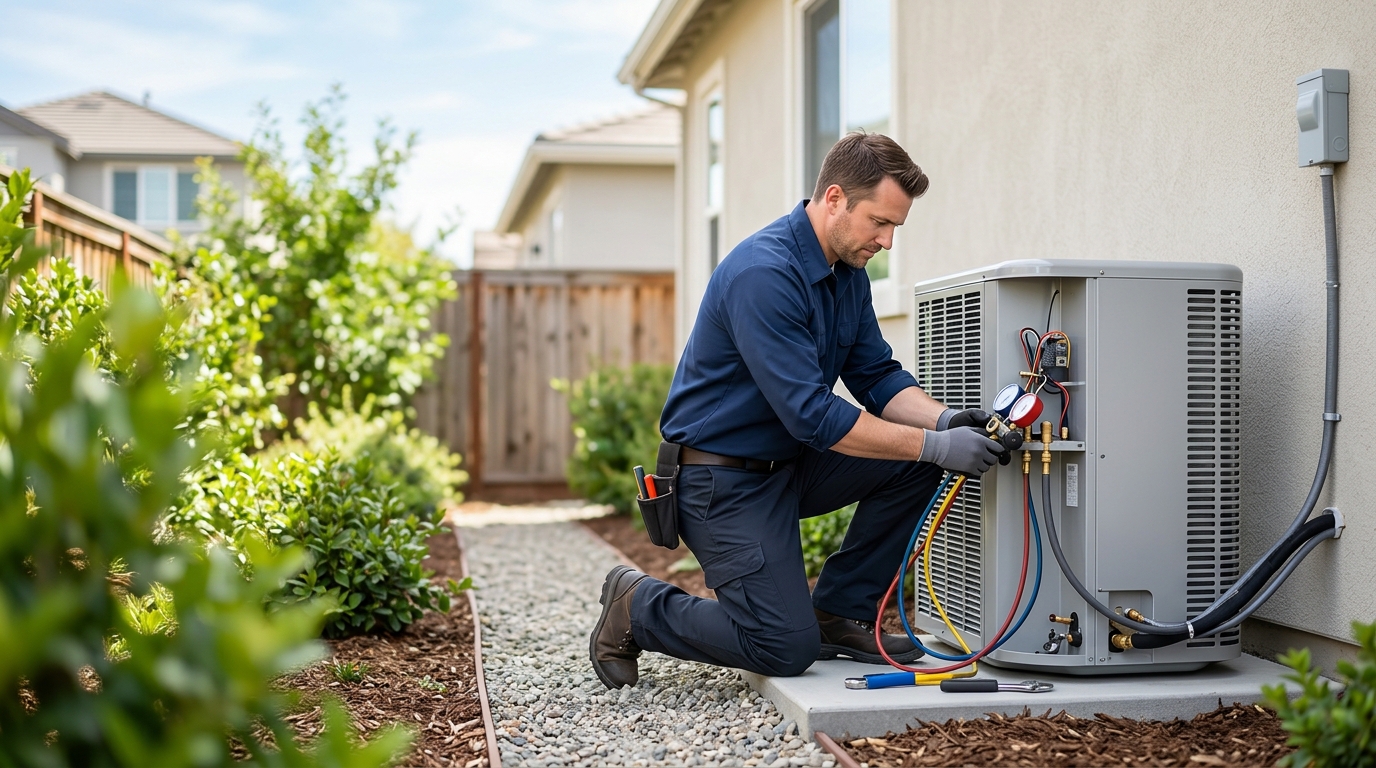 High-end commercial stock photography of a hvac technician installing a new outdoor air conditioner condenser unit in a suburban side yard on a clear day. Bright, natural daylight, soft diffused lighting. Modern, clean aesthetic. The subject is wearing a clean plain uniform with no logos. Shot on a DSLR, 50mm lens, shallow depth of field with the background slightly blurred. High resolution, photorealistic, optimistic, professional and trustworthy vibe. Absolutely no text, logos, labels, brand marks, signage, watermarks, license plates, or written words of any kind anywhere in the image. Uniforms, vans, tools, and any background objects must be completely plain and unbranded. Compose the shot with the main focal point positioned slightly to the right of center, leaving negative space on the left side of the frame.