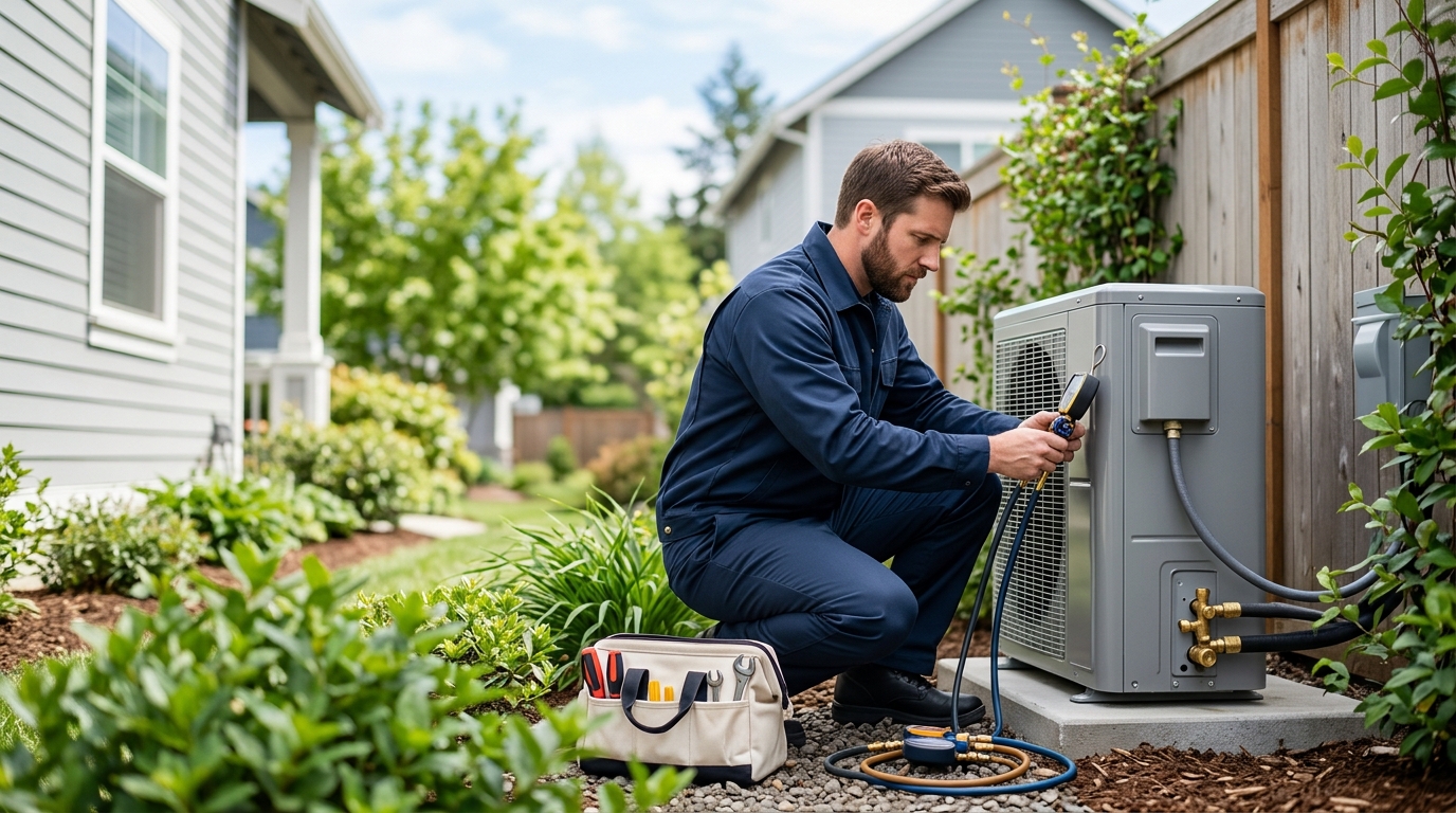 High-end commercial stock photography of a hvac technician installing an outdoor heat pump unit in a suburban side yard on a clear day. Bright, natural daylight, soft diffused lighting. Modern, clean aesthetic. The subject is wearing a clean plain uniform with no logos. Shot on a DSLR, 50mm lens, shallow depth of field with the background slightly blurred. High resolution, photorealistic, optimistic, professional and trustworthy vibe. Absolutely no text, logos, labels, brand marks, signage, watermarks, license plates, or written words of any kind anywhere in the image. Uniforms, vans, tools, and any background objects must be completely plain and unbranded. Compose the shot with the main focal point positioned slightly to the right of center, leaving negative space on the left side of the frame.