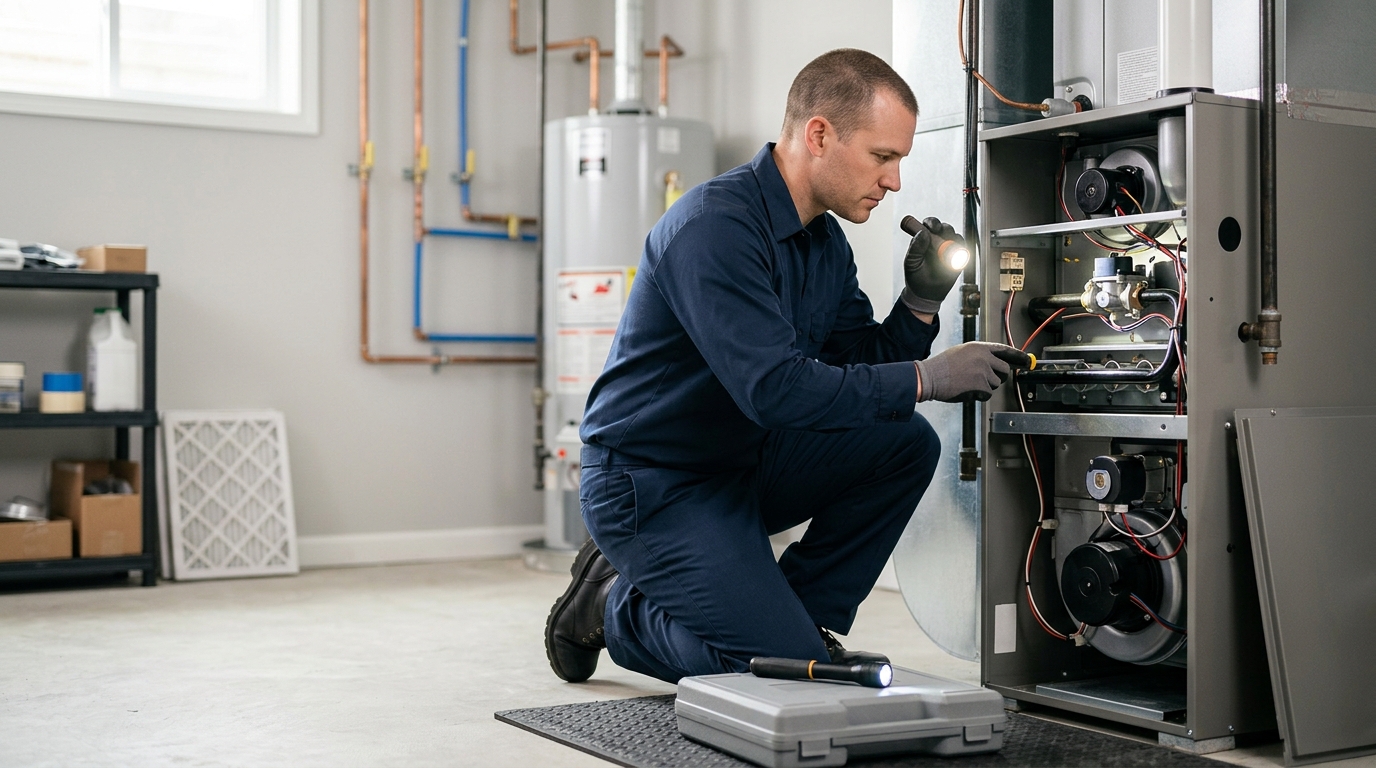 High-end commercial stock photography of a hvac technician repairing a gas furnace with a flashlight in a basement utility room. Bright, natural daylight, soft diffused lighting. Modern, clean aesthetic. The subject is wearing a clean plain uniform with no logos. Shot on a DSLR, 50mm lens, shallow depth of field with the background slightly blurred. High resolution, photorealistic, optimistic, professional and trustworthy vibe. Absolutely no text, logos, labels, brand marks, signage, watermarks, license plates, or written words of any kind anywhere in the image. Uniforms, vans, tools, and any background objects must be completely plain and unbranded. Compose the shot with the main focal point positioned slightly to the right of center, leaving negative space on the left side of the frame.