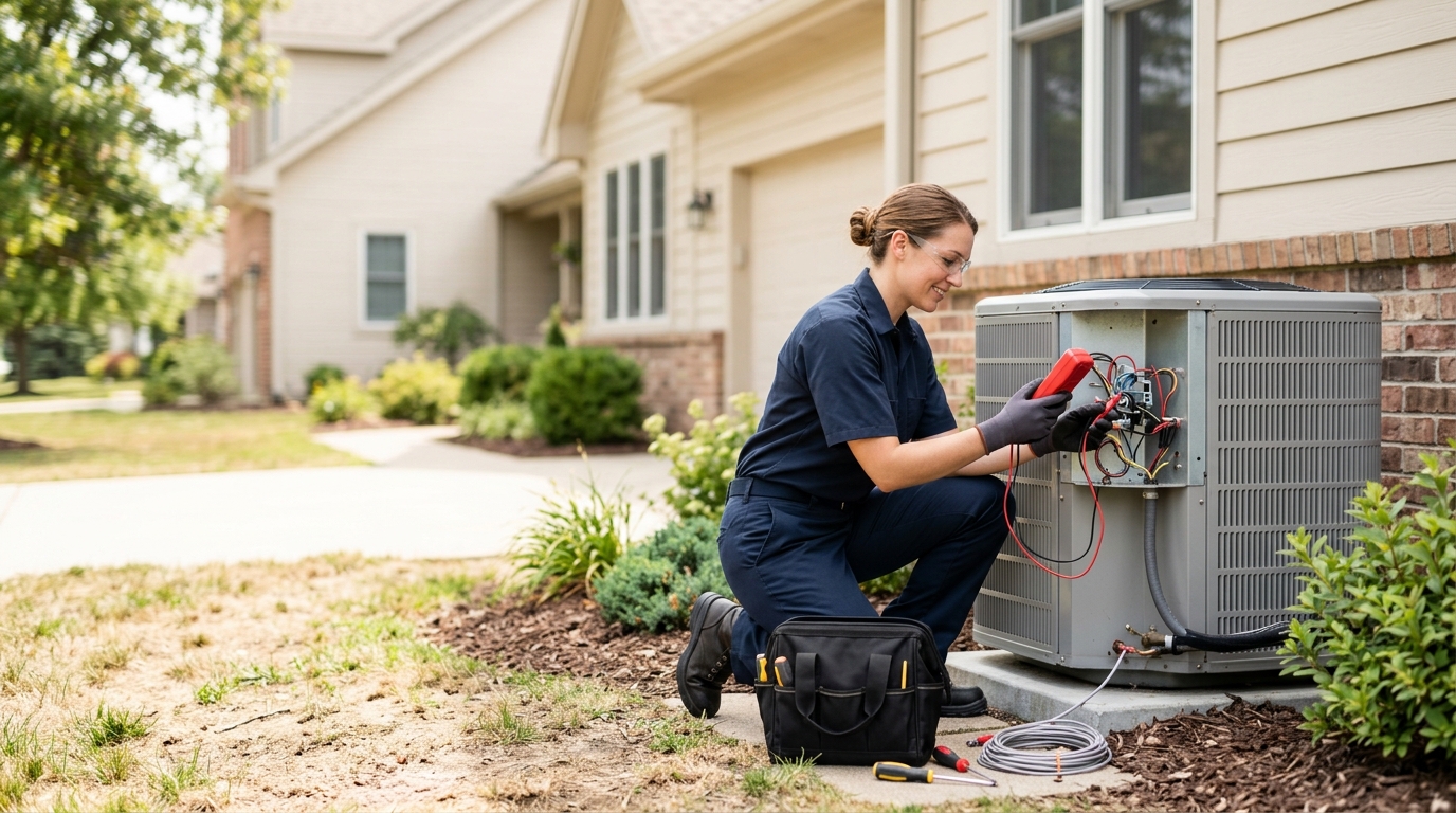 High-end commercial stock photography of a hvac technician repairing an outdoor air conditioner condenser with a multimeter in beside a suburban house on a sunny day. Bright, natural daylight, soft diffused lighting. Modern, clean aesthetic. The subject is wearing a clean plain uniform with no logos. Shot on a DSLR, 50mm lens, shallow depth of field with the background slightly blurred. High resolution, photorealistic, optimistic, professional and trustworthy vibe. Absolutely no text, logos, labels, brand marks, signage, watermarks, license plates, or written words of any kind anywhere in the image. Uniforms, vans, tools, and any background objects must be completely plain and unbranded. Compose the shot with the main focal point positioned slightly to the right of center, leaving negative space on the left side of the frame.