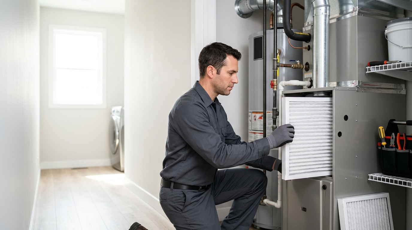 High-end commercial stock photography of a hvac technician replacing a pleated air filter in a furnace in a modern suburban home interior. Bright, natural daylight, soft diffused lighting. Modern, clean aesthetic. The subject is wearing a clean plain uniform with no logos. Shot on a DSLR, 50mm lens, shallow depth of field with the background slightly blurred. High resolution, photorealistic, optimistic, professional and trustworthy vibe. Absolutely no text, logos, labels, brand marks, signage, watermarks, license plates, or written words of any kind anywhere in the image. Uniforms, vans, tools, and any background objects must be completely plain and unbranded. Compose the shot with the main focal point positioned slightly to the right of center, leaving negative space on the left side of the frame.