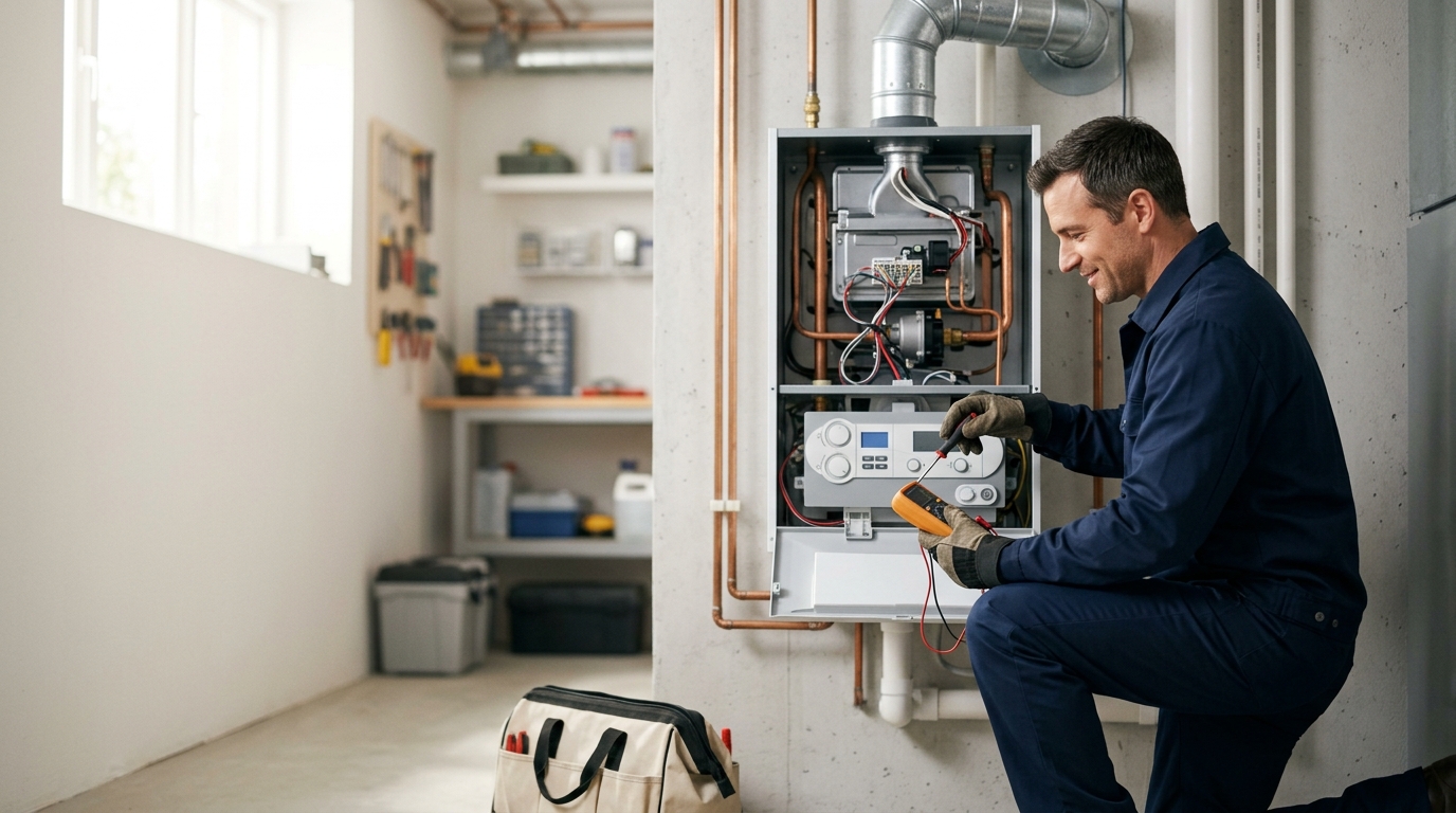 High-end commercial stock photography of a hvac technician servicing a gas furnace in a basement utility room. Bright, natural daylight, soft diffused lighting. Modern, clean aesthetic. The subject is wearing a clean plain uniform with no logos. Shot on a DSLR, 50mm lens, shallow depth of field with the background slightly blurred. High resolution, photorealistic, optimistic, professional and trustworthy vibe. Absolutely no text, logos, labels, brand marks, signage, watermarks, license plates, or written words of any kind anywhere in the image. Uniforms, vans, tools, and any background objects must be completely plain and unbranded. Compose the shot with the main focal point positioned slightly to the right of center, leaving negative space on the left side of the frame.