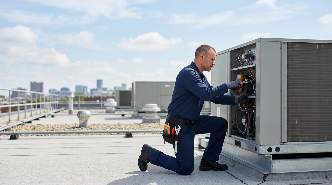 High-end commercial stock photography of a hvac technician servicing a rooftop commercial HVAC unit in a flat commercial building rooftop on a clear day. Bright, natural daylight, soft diffused lighting. Modern, clean aesthetic. The subject is wearing a clean plain uniform with no logos. Shot on a DSLR, 50mm lens, shallow depth of field with the background slightly blurred. High resolution, photorealistic, optimistic, professional and trustworthy vibe. Absolutely no text, logos, labels, brand marks, signage, watermarks, license plates, or written words of any kind anywhere in the image. Uniforms, vans, tools, and any background objects must be completely plain and unbranded. Compose the shot with the main focal point positioned slightly to the right of center, leaving negative space on the left side of the frame.