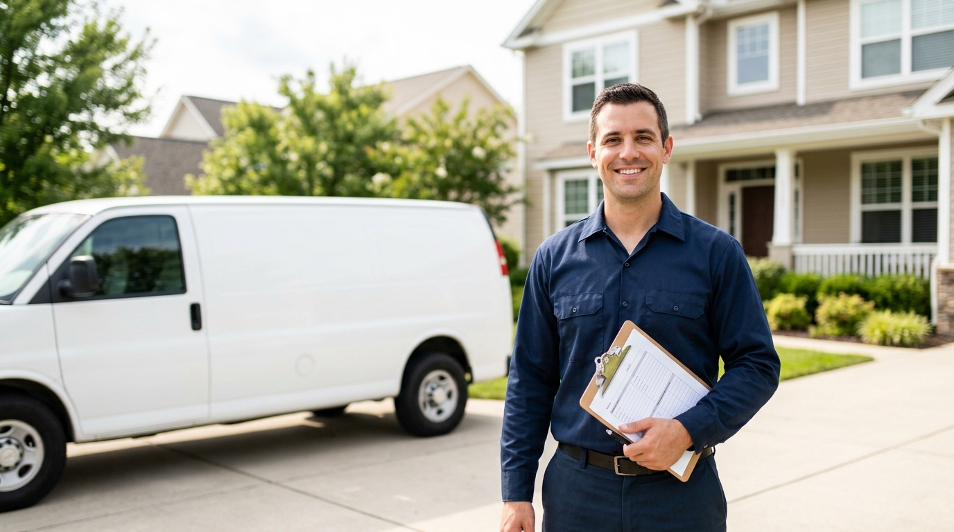 High-end commercial stock photography of a hvac technician smiling confidently at the camera holding a clipboard in in front of a suburban home with a plain unmarked service van. Bright, natural daylight, soft diffused lighting. Modern, clean aesthetic. The subject is wearing a clean plain uniform with no logos. Shot on a DSLR, 50mm lens, shallow depth of field with the background slightly blurred. High resolution, photorealistic, optimistic, professional and trustworthy vibe. Absolutely no text, logos, labels, brand marks, signage, watermarks, license plates, or written words of any kind anywhere in the image. Uniforms, vans, tools, and any background objects must be completely plain and unbranded. Compose the shot with the main focal point positioned slightly to the right of center, leaving negative space on the left side of the frame.