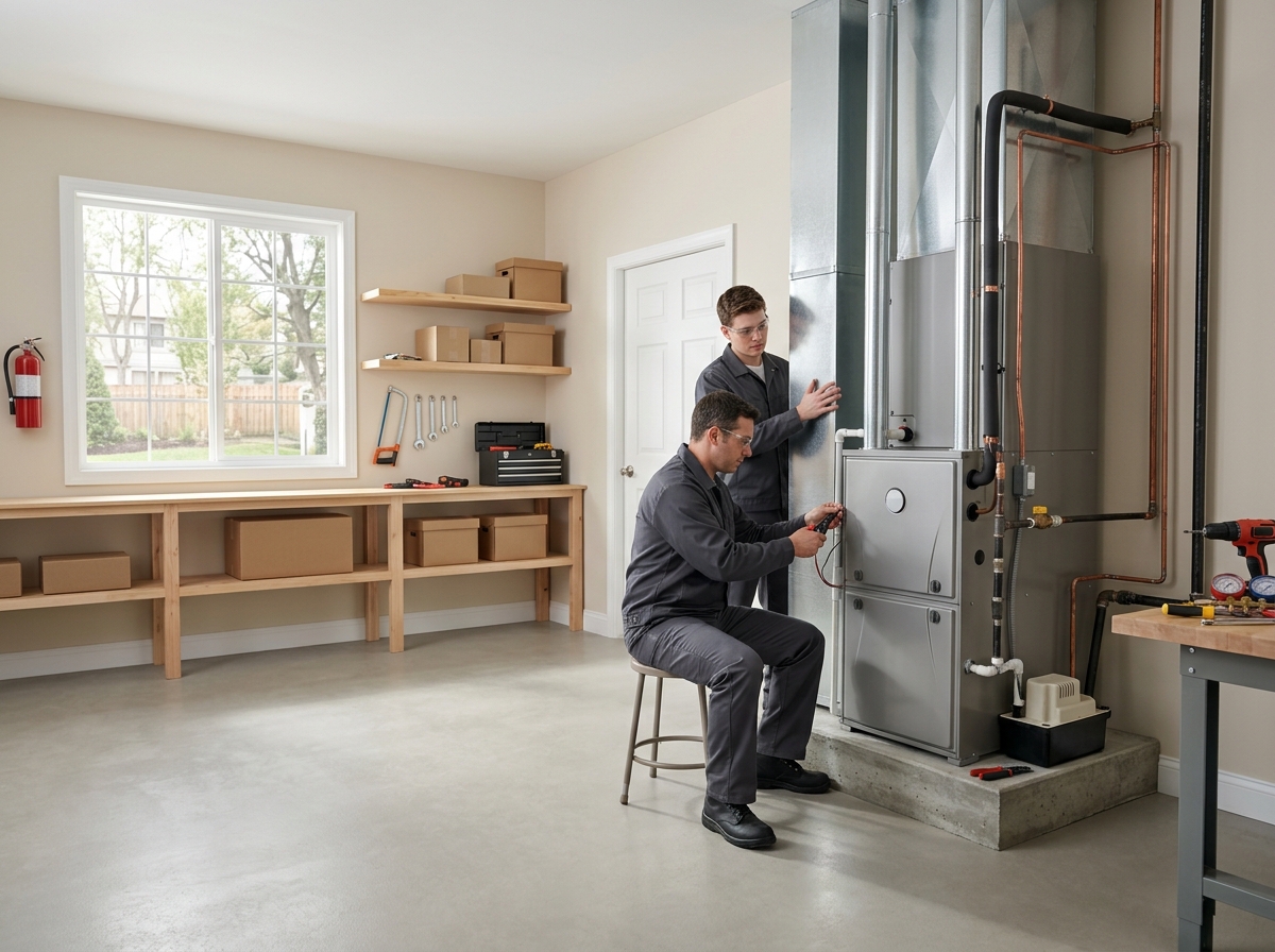 Wide, aspirational lifestyle establishing shot. two HVAC technicians installing a new high-efficiency furnace and air handler in a clean, finished home utility area. Photorealistic, natural light, high detail. Absolutely no text, logos, labels, brand marks, signage, watermarks, license plates, or written words of any kind anywhere in the image. Uniforms, vans, tools, and any background objects must be completely plain and unbranded. Compose the shot with the main focal point positioned slightly to the right of center, leaving negative space on the left side of the frame.