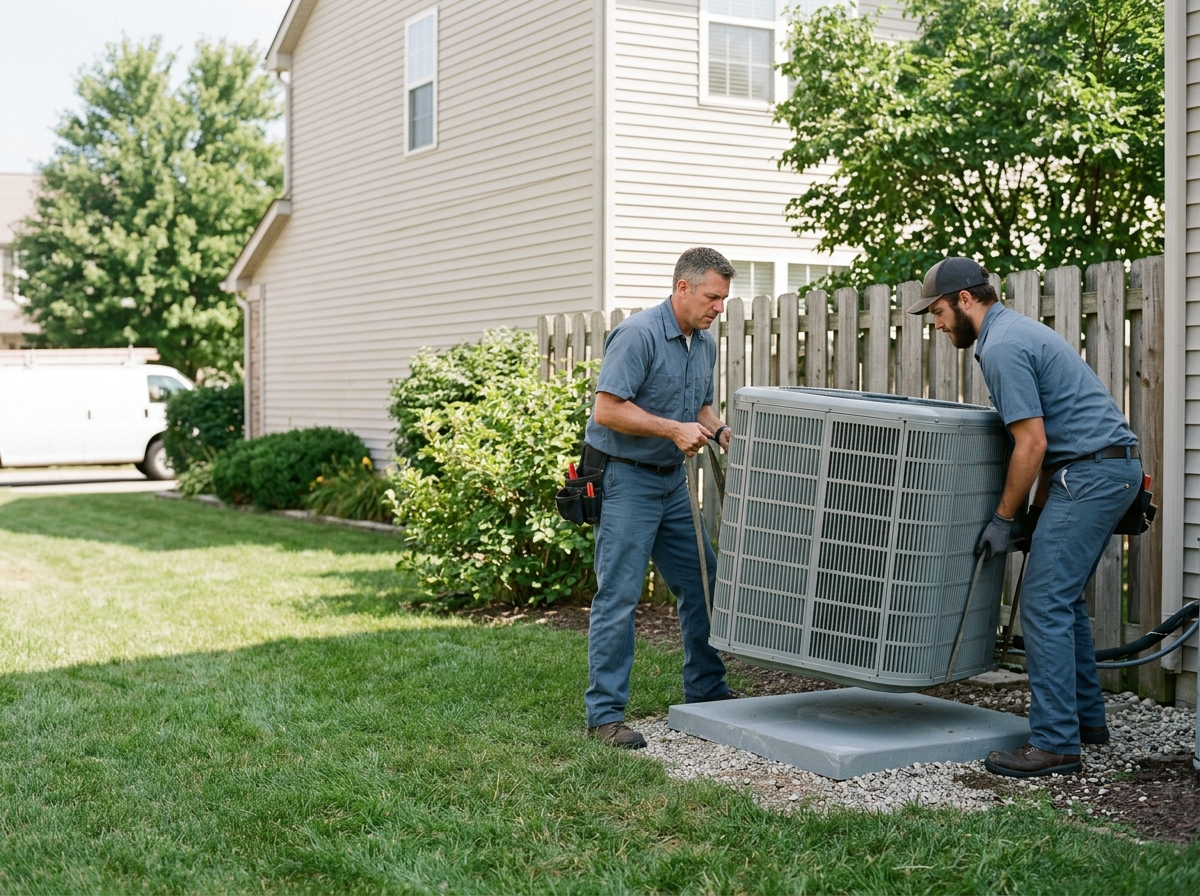 Medium environmental action shot. two HVAC technicians lowering a brand-new outdoor AC condenser onto a fresh pad in a suburban side yard on a clear day. Photorealistic, natural light, high detail. Absolutely no text, logos, labels, brand marks, signage, watermarks, license plates, or written words of any kind anywhere in the image. Uniforms, vans, tools, and any background objects must be completely plain and unbranded. Compose the shot with the main focal point positioned slightly to the right of center, leaving negative space on the left side of the frame.