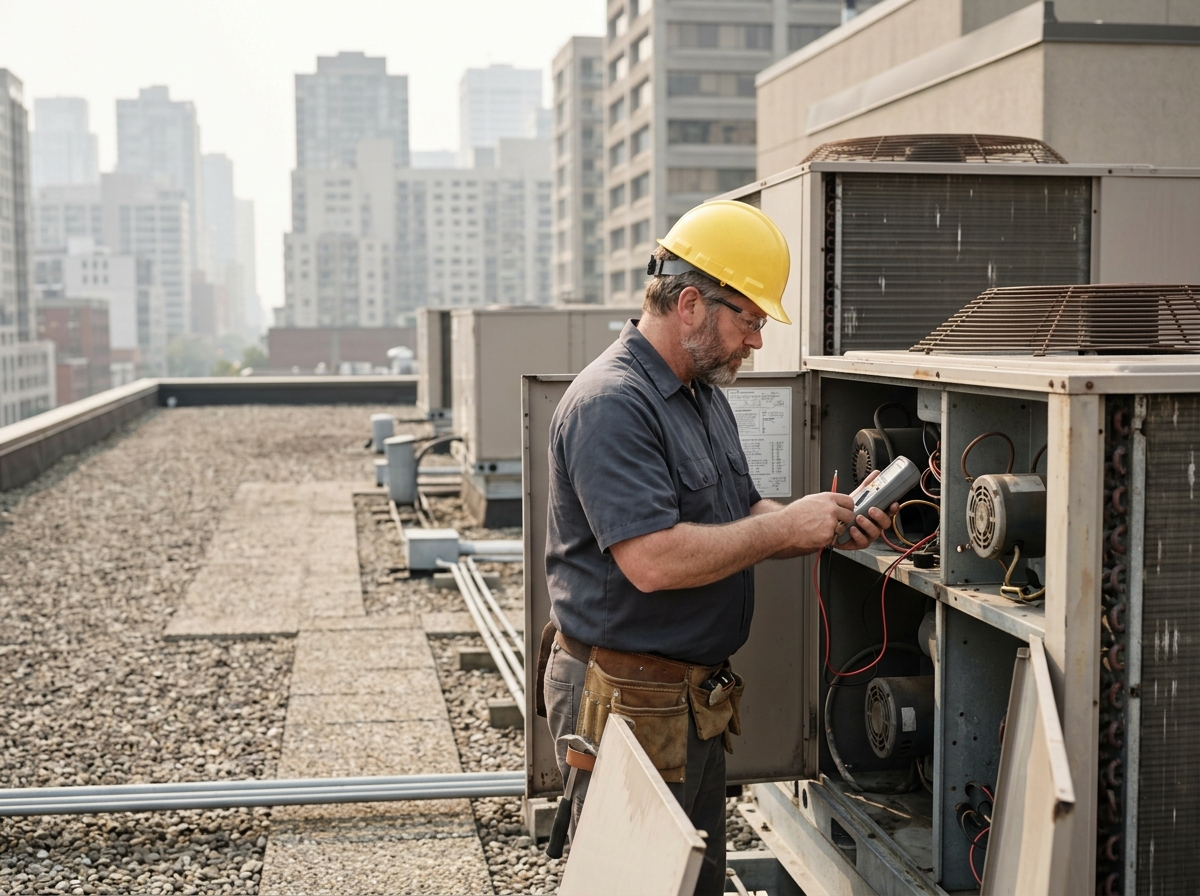 Medium environmental action shot. a burly middle-aged male HVAC technician in a hard hat servicing a large rooftop commercial HVAC unit on a flat commercial building rooftop with a hazy city skyline beyond. Photorealistic, natural light, high detail. Absolutely no text, logos, labels, brand marks, signage, watermarks, license plates, or written words of any kind anywhere in the image. Uniforms, vans, tools, and any background objects must be completely plain and unbranded. Compose the shot with the main focal point positioned slightly to the right of center, leaving negative space on the left side of the frame.