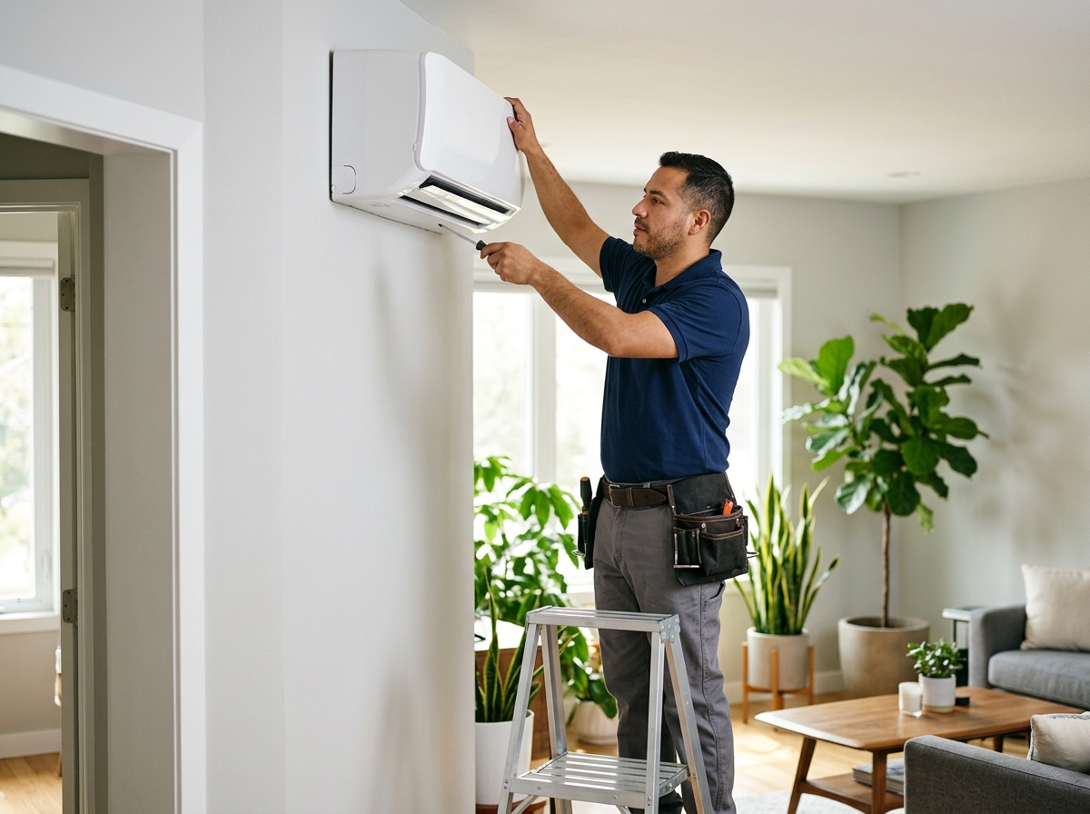 Medium environmental action shot. a Latino male HVAC technician mounting a sleek white ductless mini-split head high on the wall in a sunlit modern living room with houseplants. Photorealistic, natural light, high detail. Absolutely no text, logos, labels, brand marks, signage, watermarks, license plates, or written words of any kind anywhere in the image. Uniforms, vans, tools, and any background objects must be completely plain and unbranded. Compose the shot with the main focal point positioned slightly to the right of center, leaving negative space on the left side of the frame.