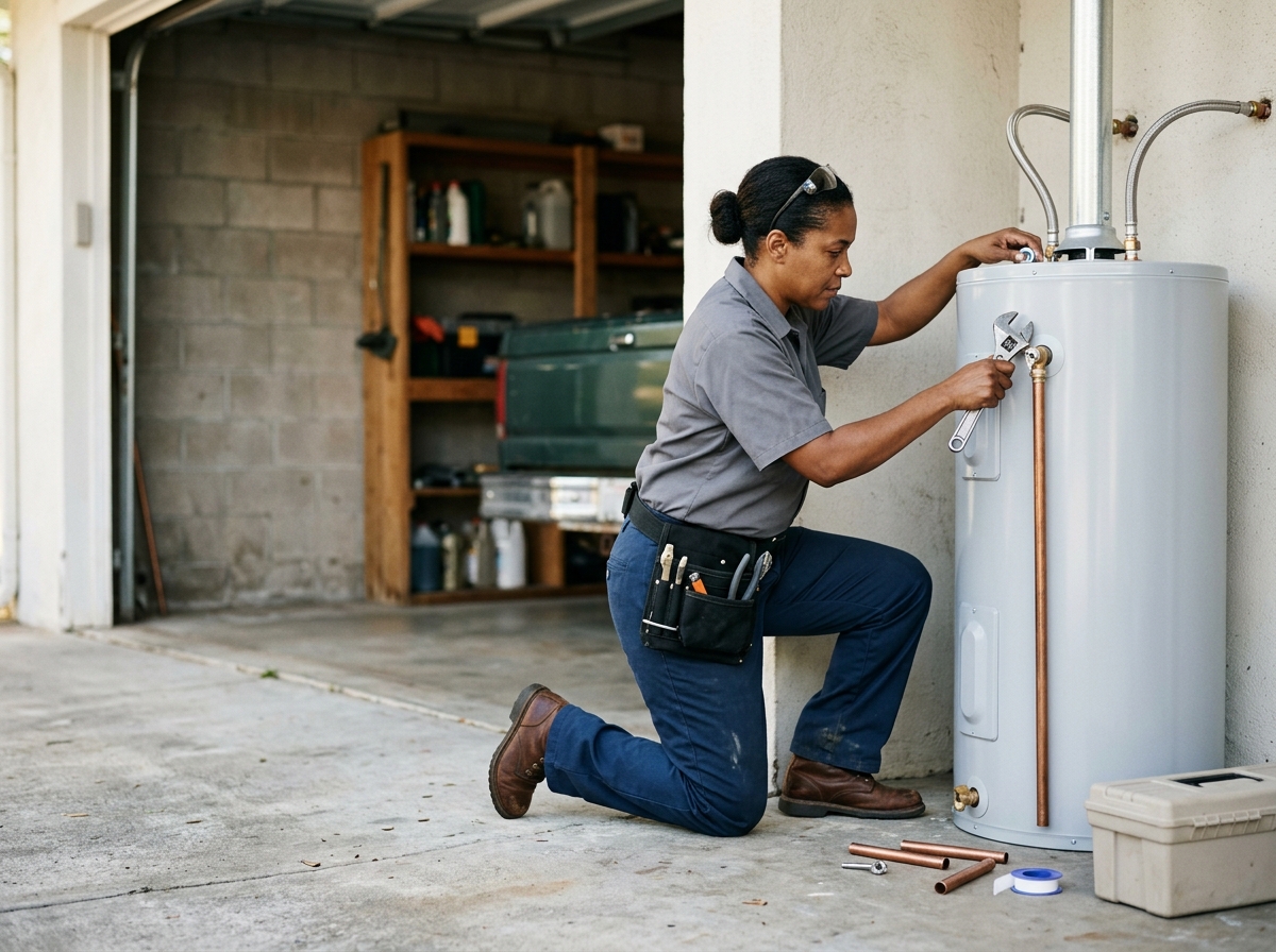 Medium environmental action shot. a middle-aged Black female plumber connecting the supply lines on a newly installed tank water heater in a garage utility area. Photorealistic, natural light, high detail. Absolutely no text, logos, labels, brand marks, signage, watermarks, license plates, or written words of any kind anywhere in the image. Uniforms, vans, tools, and any background objects must be completely plain and unbranded. Compose the shot with the main focal point positioned slightly to the right of center, leaving negative space on the left side of the frame.