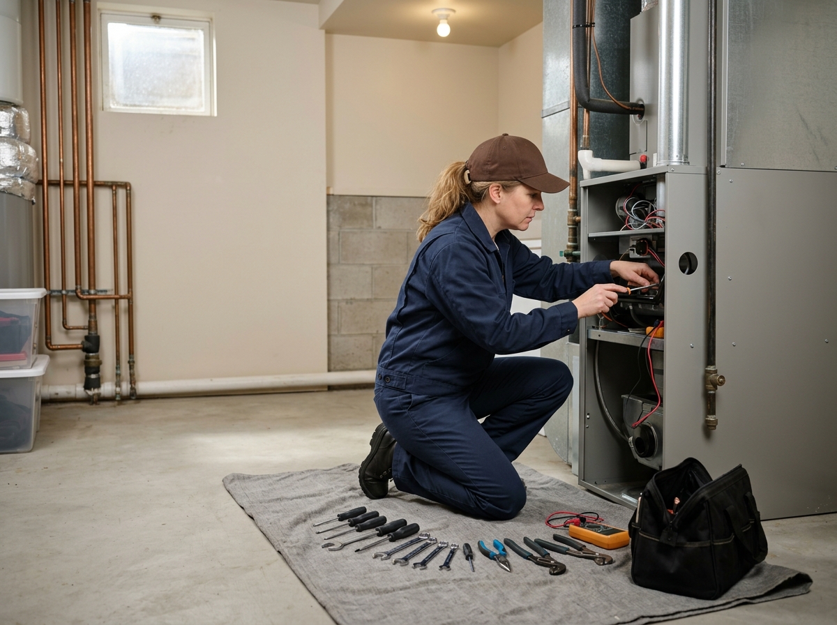 Medium environmental action shot. a middle-aged white female HVAC technician servicing a gas furnace with tools laid out on a cloth in a tidy basement utility room. Photorealistic, natural light, high detail. Absolutely no text, logos, labels, brand marks, signage, watermarks, license plates, or written words of any kind anywhere in the image. Uniforms, vans, tools, and any background objects must be completely plain and unbranded. Compose the shot with the main focal point positioned slightly to the right of center, leaving negative space on the left side of the frame.