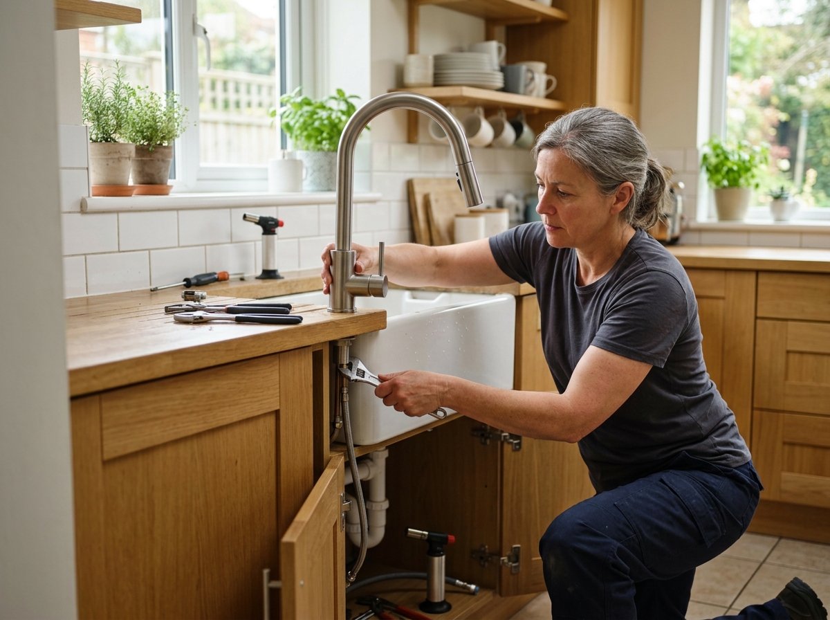 Medium environmental action shot. a middle-aged white female plumber installing a sleek new kitchen faucet at a kitchen sink. Photorealistic, natural light, high detail. Absolutely no text, logos, labels, brand marks, signage, watermarks, license plates, or written words of any kind anywhere in the image. Uniforms, vans, tools, and any background objects must be completely plain and unbranded. Compose the shot with the main focal point positioned slightly to the right of center, leaving negative space on the left side of the frame.