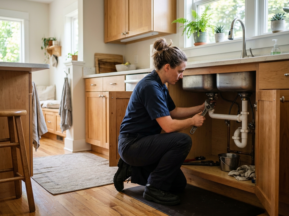 Medium environmental action shot. a plumber repairing under-sink plumbing with a wrench in a bright Portland home kitchen. Photorealistic, natural light, high detail. Absolutely no text, logos, labels, brand marks, signage, watermarks, license plates, or written words of any kind anywhere in the image. Uniforms, vans, tools, and any background objects must be completely plain and unbranded. Compose the shot with the main focal point positioned slightly to the right of center, leaving negative space on the left side of the frame.