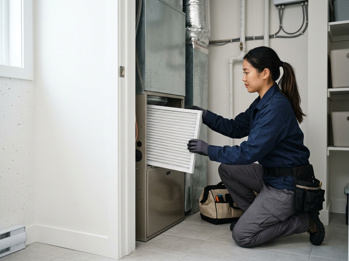 Medium environmental action shot. a young Asian female HVAC technician sliding a fresh white pleated air filter into a furnace return in a clean modern home. Photorealistic, natural light, high detail. Absolutely no text, logos, labels, brand marks, signage, watermarks, license plates, or written words of any kind anywhere in the image. Uniforms, vans, tools, and any background objects must be completely plain and unbranded. Compose the shot with the main focal point positioned slightly to the right of center, leaving negative space on the left side of the frame.