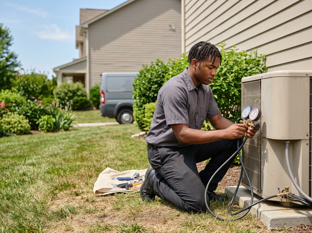 Medium environmental action shot. a young Black male HVAC technician reading refrigerant gauges connected to an outdoor AC condenser beside a suburban home on a clear summer day. Photorealistic, natural light, high detail. Absolutely no text, logos, labels, brand marks, signage, watermarks, license plates, or written words of any kind anywhere in the image. Uniforms, vans, tools, and any background objects must be completely plain and unbranded. Compose the shot with the main focal point positioned slightly to the right of center, leaving negative space on the left side of the frame.