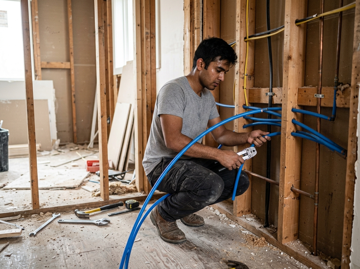 Medium environmental action shot. a young South Asian male plumber running fresh PEX water lines through an open wall cavity in a home under renovation. Photorealistic, natural light, high detail. Absolutely no text, logos, labels, brand marks, signage, watermarks, license plates, or written words of any kind anywhere in the image. Uniforms, vans, tools, and any background objects must be completely plain and unbranded. Compose the shot with the main focal point positioned slightly to the right of center, leaving negative space on the left side of the frame.