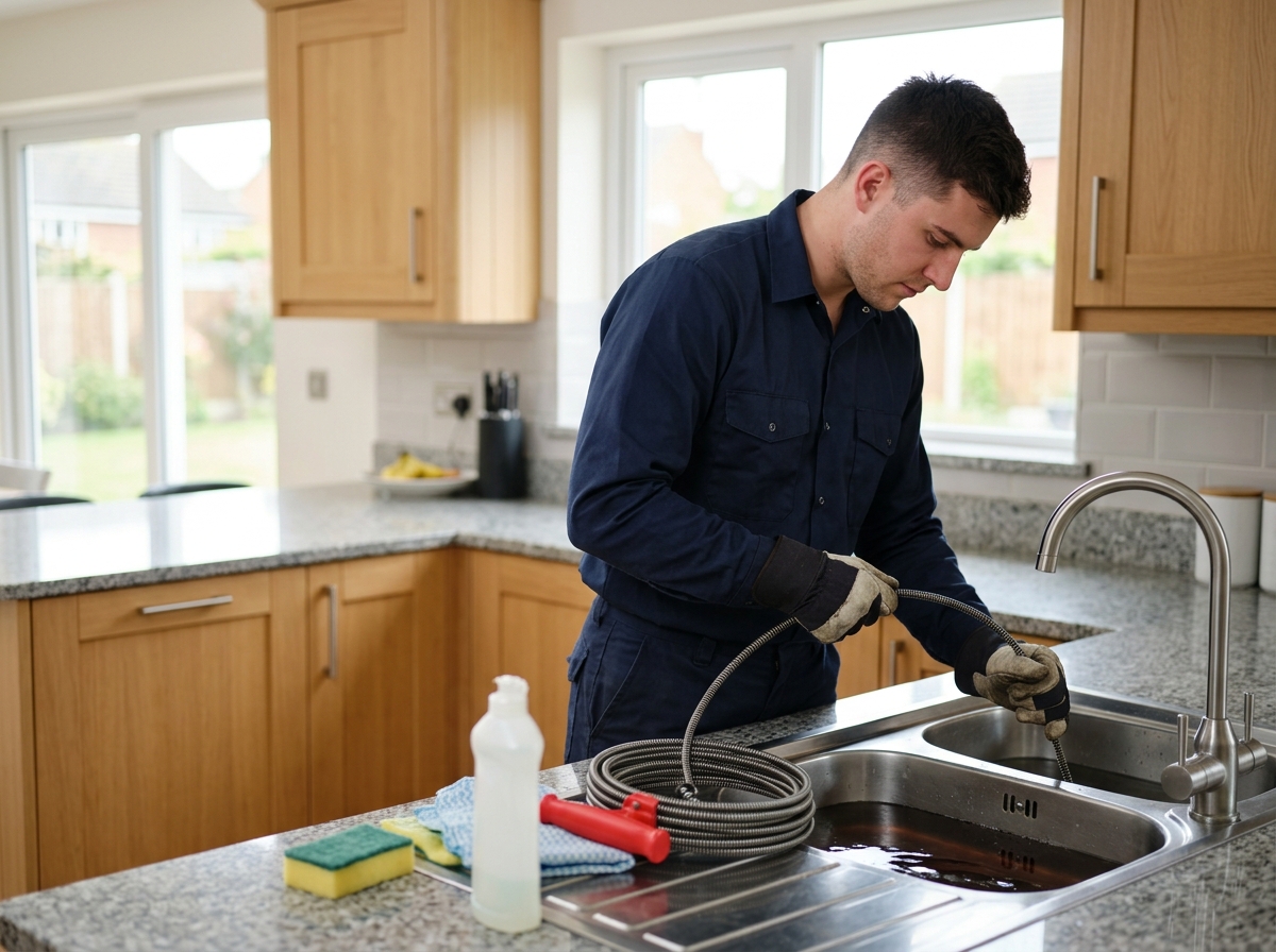 Medium environmental action shot. a young white male plumber feeding a drain auger into a clogged kitchen sink drain in a modern kitchen. Photorealistic, natural light, high detail. Absolutely no text, logos, labels, brand marks, signage, watermarks, license plates, or written words of any kind anywhere in the image. Uniforms, vans, tools, and any background objects must be completely plain and unbranded. Compose the shot with the main focal point positioned slightly to the right of center, leaving negative space on the left side of the frame.