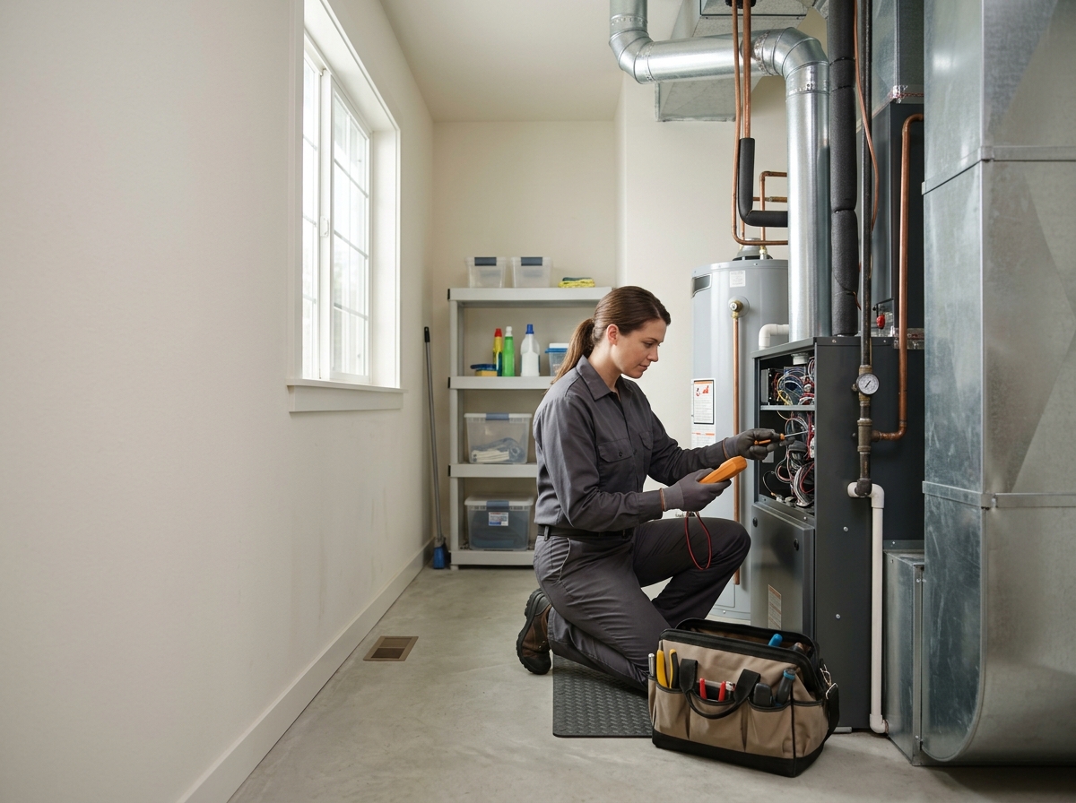 Medium environmental action shot. an HVAC technician servicing a home's heating and cooling system with tools in hand in a tidy Portland home utility area. Photorealistic, natural light, high detail. Absolutely no text, logos, labels, brand marks, signage, watermarks, license plates, or written words of any kind anywhere in the image. Uniforms, vans, tools, and any background objects must be completely plain and unbranded. Compose the shot with the main focal point positioned slightly to the right of center, leaving negative space on the left side of the frame.