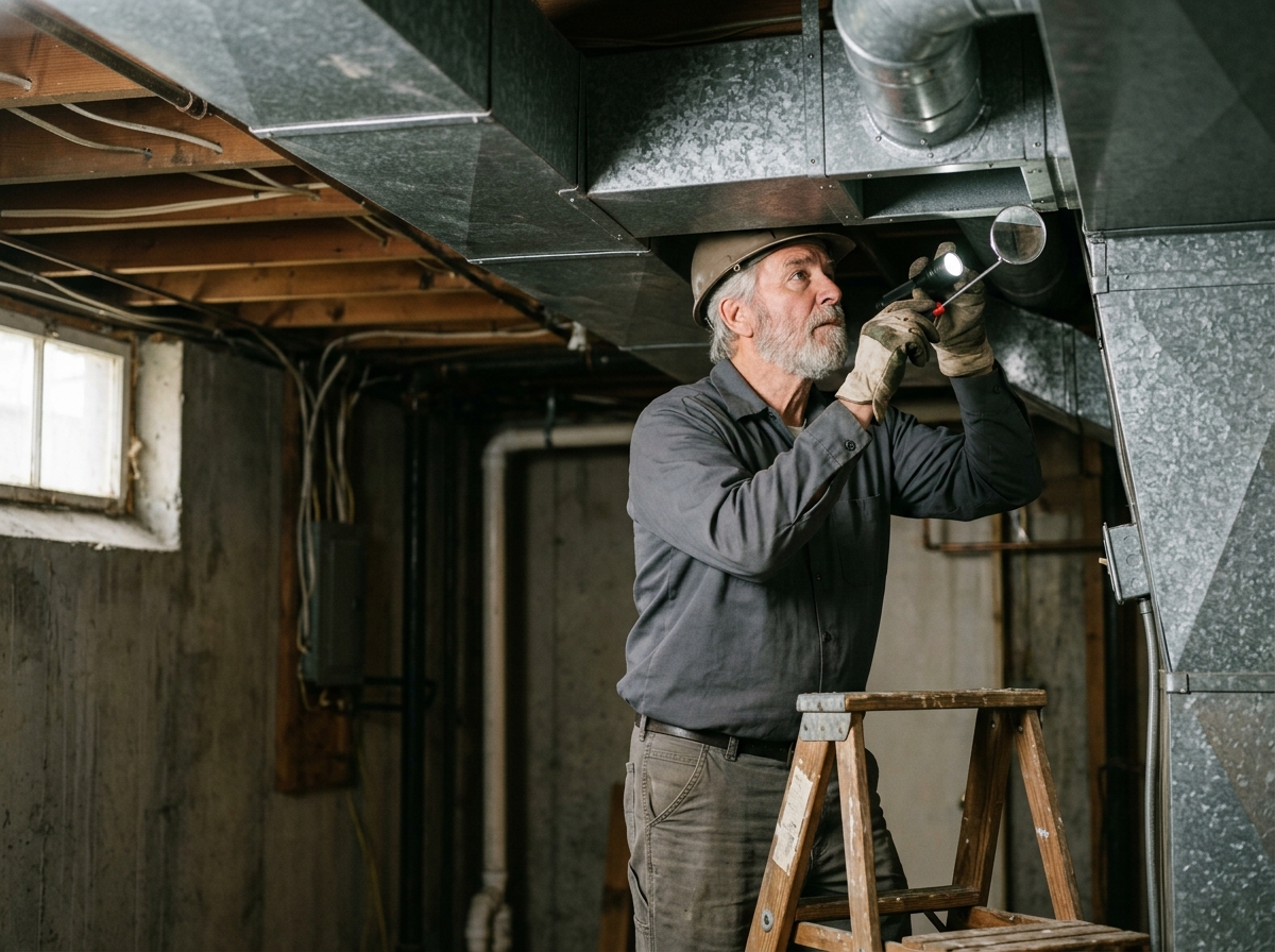 Medium environmental action shot. an older bearded white male HVAC technician inspecting galvanized sheet-metal ductwork running overhead in an unfinished basement. Photorealistic, natural light, high detail. Absolutely no text, logos, labels, brand marks, signage, watermarks, license plates, or written words of any kind anywhere in the image. Uniforms, vans, tools, and any background objects must be completely plain and unbranded. Compose the shot with the main focal point positioned slightly to the right of center, leaving negative space on the left side of the frame.