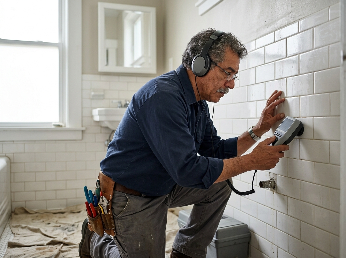 Medium environmental action shot. an older Latino male plumber pinpointing a hidden leak with an electronic acoustic leak detector held against a wall in a home bathroom. Photorealistic, natural light, high detail. Absolutely no text, logos, labels, brand marks, signage, watermarks, license plates, or written words of any kind anywhere in the image. Uniforms, vans, tools, and any background objects must be completely plain and unbranded. Compose the shot with the main focal point positioned slightly to the right of center, leaving negative space on the left side of the frame.