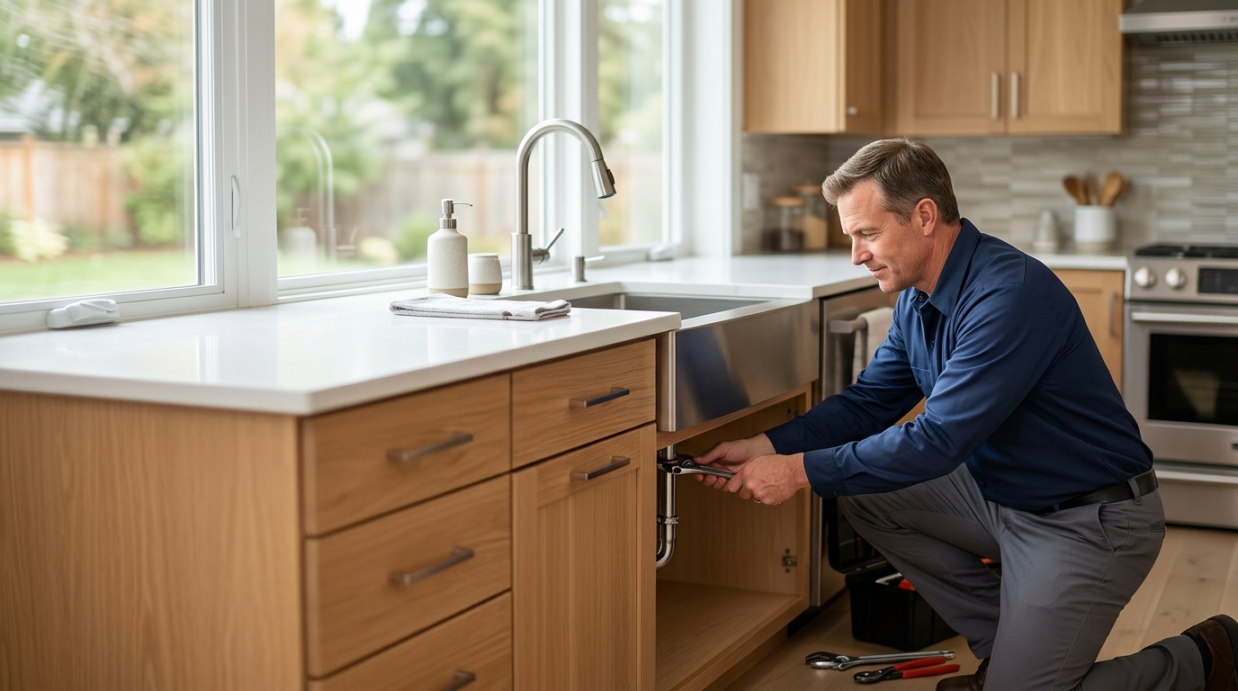 High-end commercial stock photography of a plumber repairing a kitchen sink in a modern suburban home interior. Bright, natural daylight, soft diffused lighting. Modern, clean aesthetic. The subject is wearing a clean plain uniform with no logos. Shot on a DSLR, 50mm lens, shallow depth of field with the background slightly blurred. High resolution, photorealistic, optimistic, professional and trustworthy vibe. Absolutely no text, logos, labels, brand marks, signage, watermarks, license plates, or written words of any kind anywhere in the image. Uniforms, vans, tools, and any background objects must be completely plain and unbranded. Compose the shot with the main focal point positioned slightly to the right of center, leaving negative space on the left side of the frame.